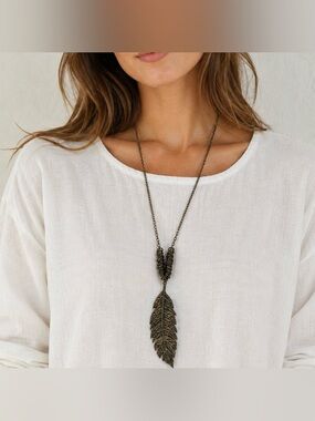 Garage Antique Pewter Colored Long Necklace with Feather Pendant